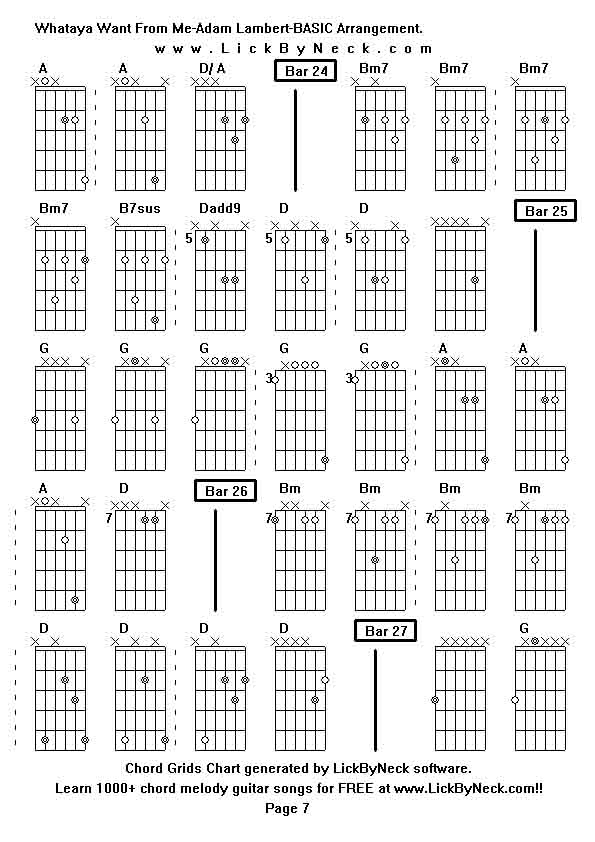 Chord Grids Chart of chord melody fingerstyle guitar song-Whataya Want From Me-Adam Lambert-BASIC Arrangement,generated by LickByNeck software.